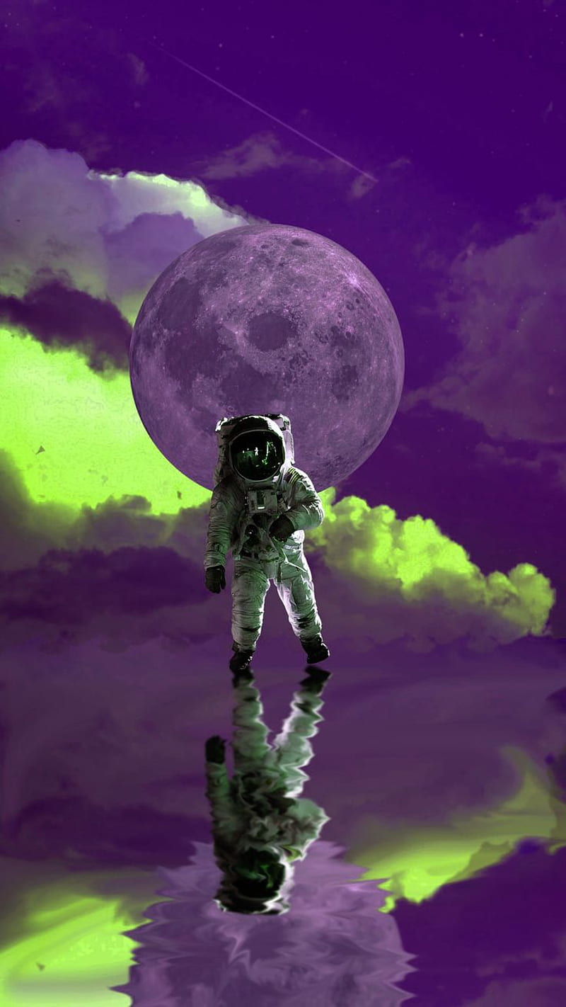 An Astronaut Walking at Space Moon Purple Green . Duvar kaÄÄ±dÄ±, Atlar, HD phone wallpaper